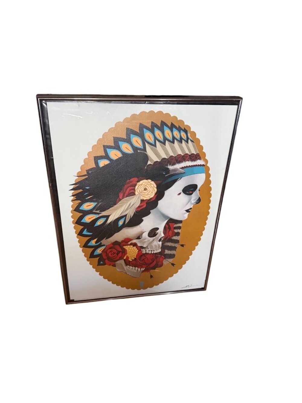 Framed Skull & Native American-Inspired Art Print With Roses & Feathers